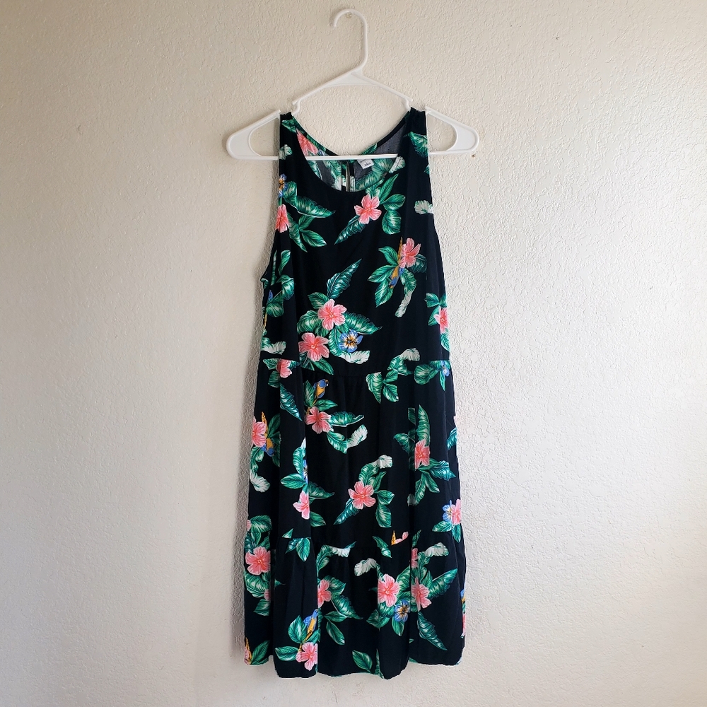 OLD NAVY Black/Pink Tropical Floral Sleeveless Tank Midi Dress L Summer Vaca‎ - Picture 3 of 8